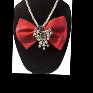 Red Bow Pearl Pendant Necklace - Designer-Inspired